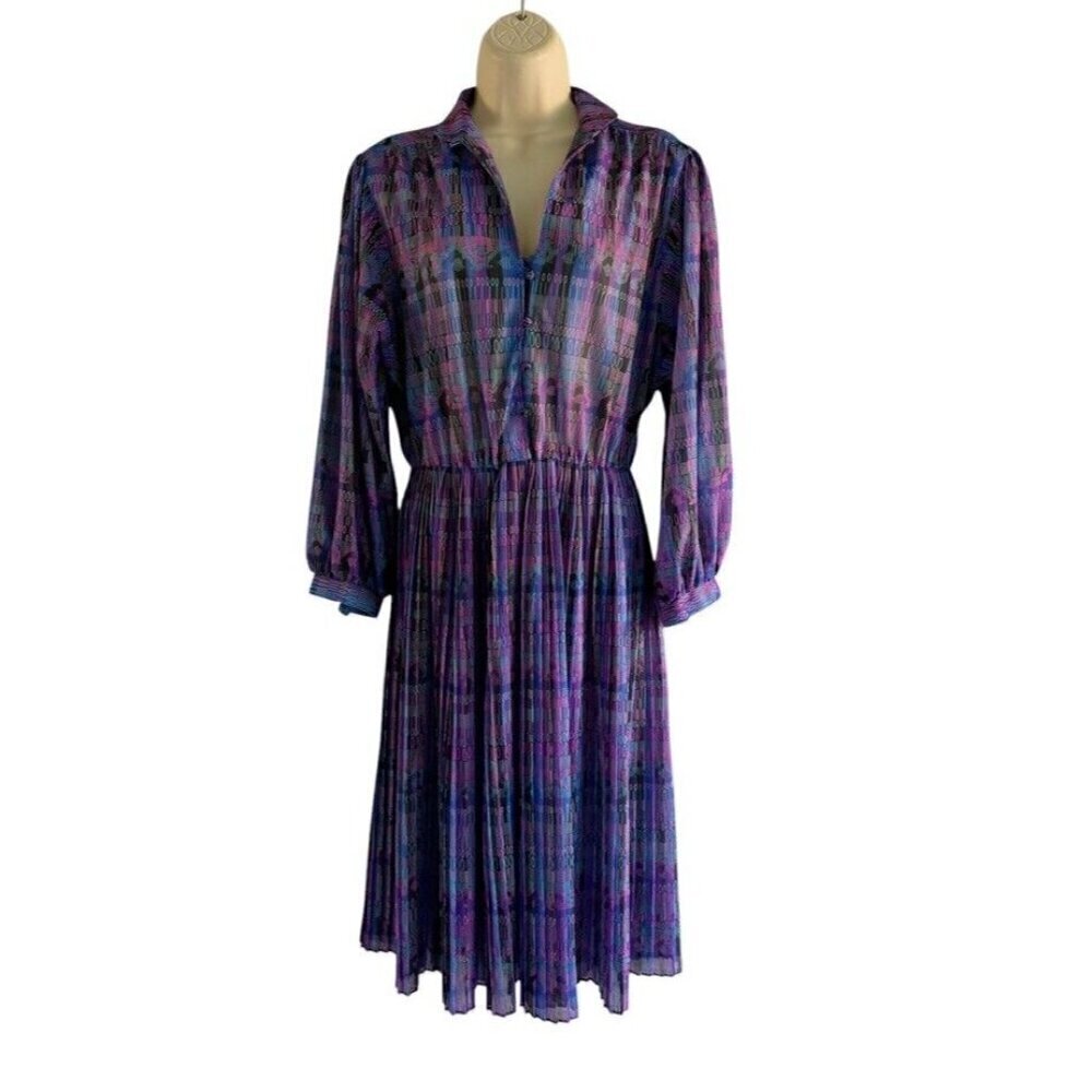 Vintage 80s Willi Of California Woman's Sz 10 Geometric Purple Pleated Dress